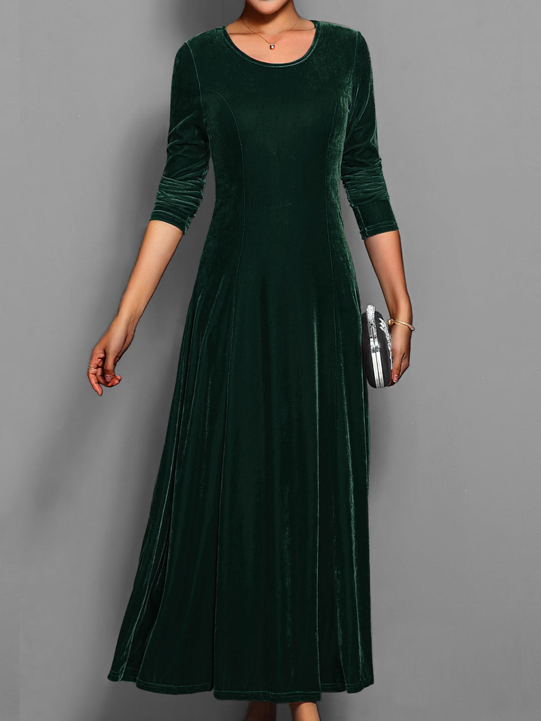 Round Neck Maxi Dress with Long Sleeves and A-Line Skirt