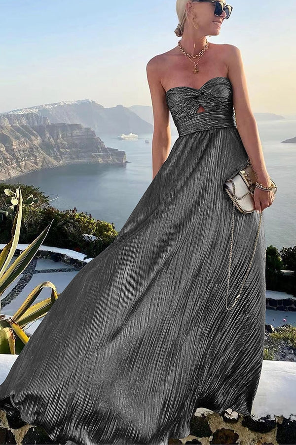Strapless Maxi Dress with Pleated Fabric and Twist Front Detail
