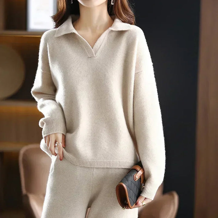 Polo Neckline Long Sleeve Top and Straight Leg Trousers Knit Set