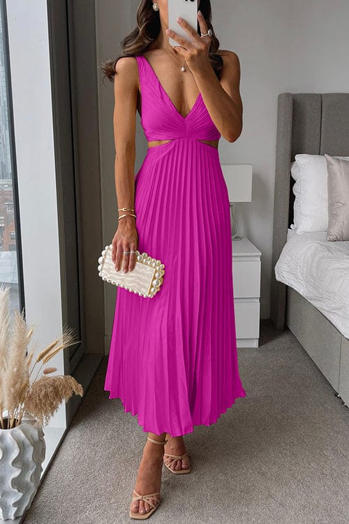 Pleated Midi Dress with V-Neckline and Cut-Out Details