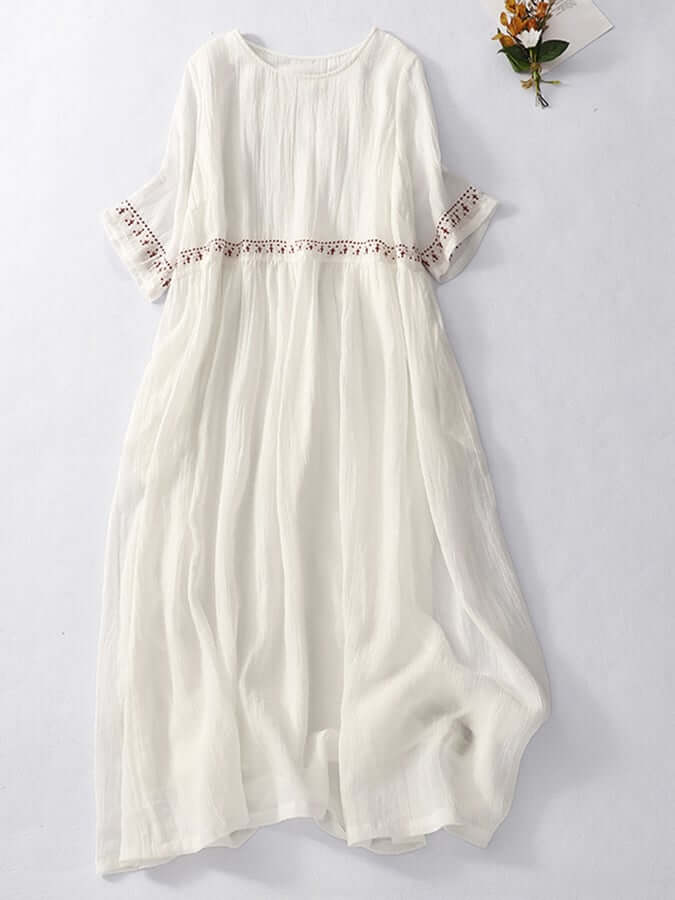 Cotton linen boho dress and Embroidered Waist