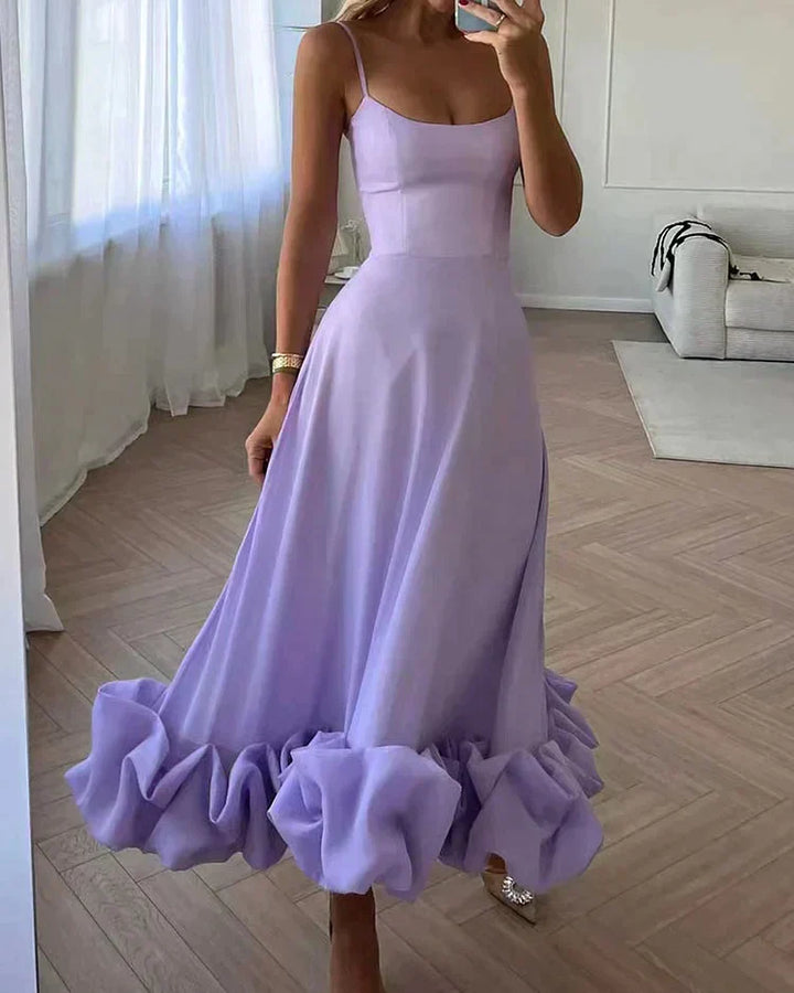 Midi Slip Dress with Spaghetti Straps and Ruffle Bubble Hem