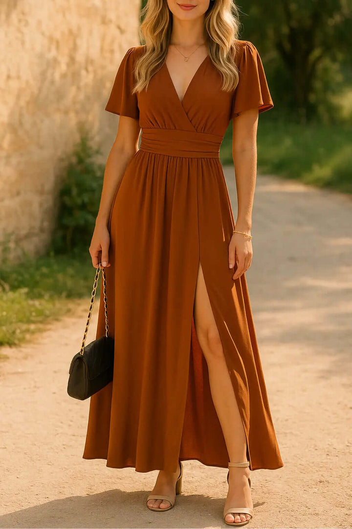 V-Neck A-Line Maxi Dress with Flutter Sleeves and Tie-Back Detail