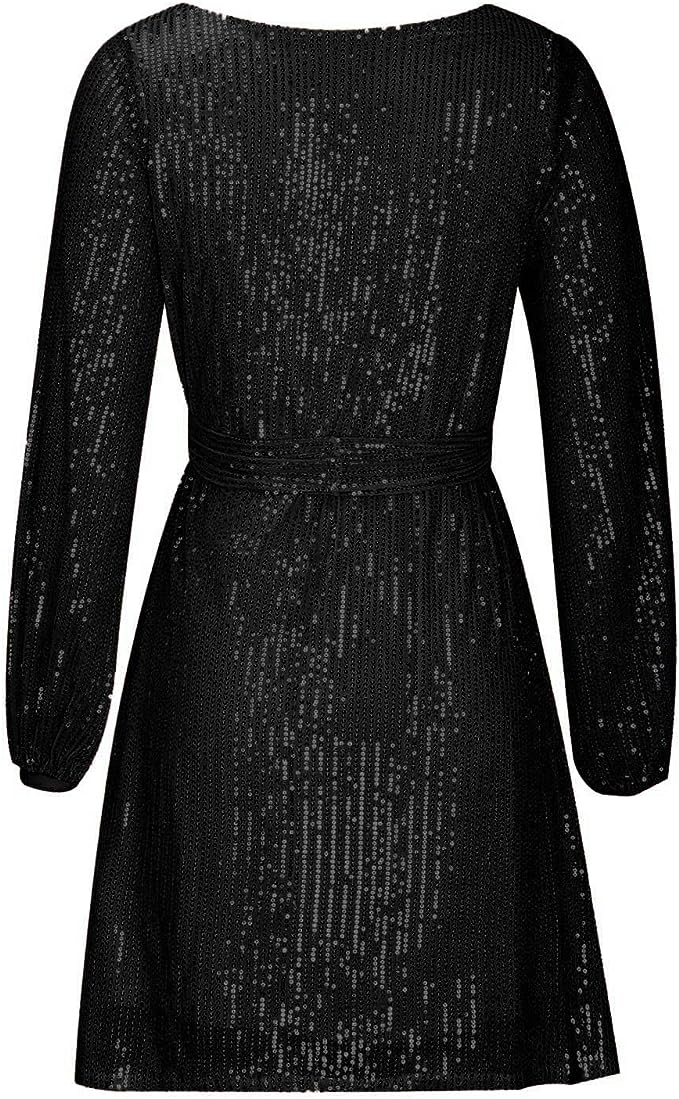 Boat Neckline Sequin Mini Dress with Three-Quarter Sleeves and Tie Waist