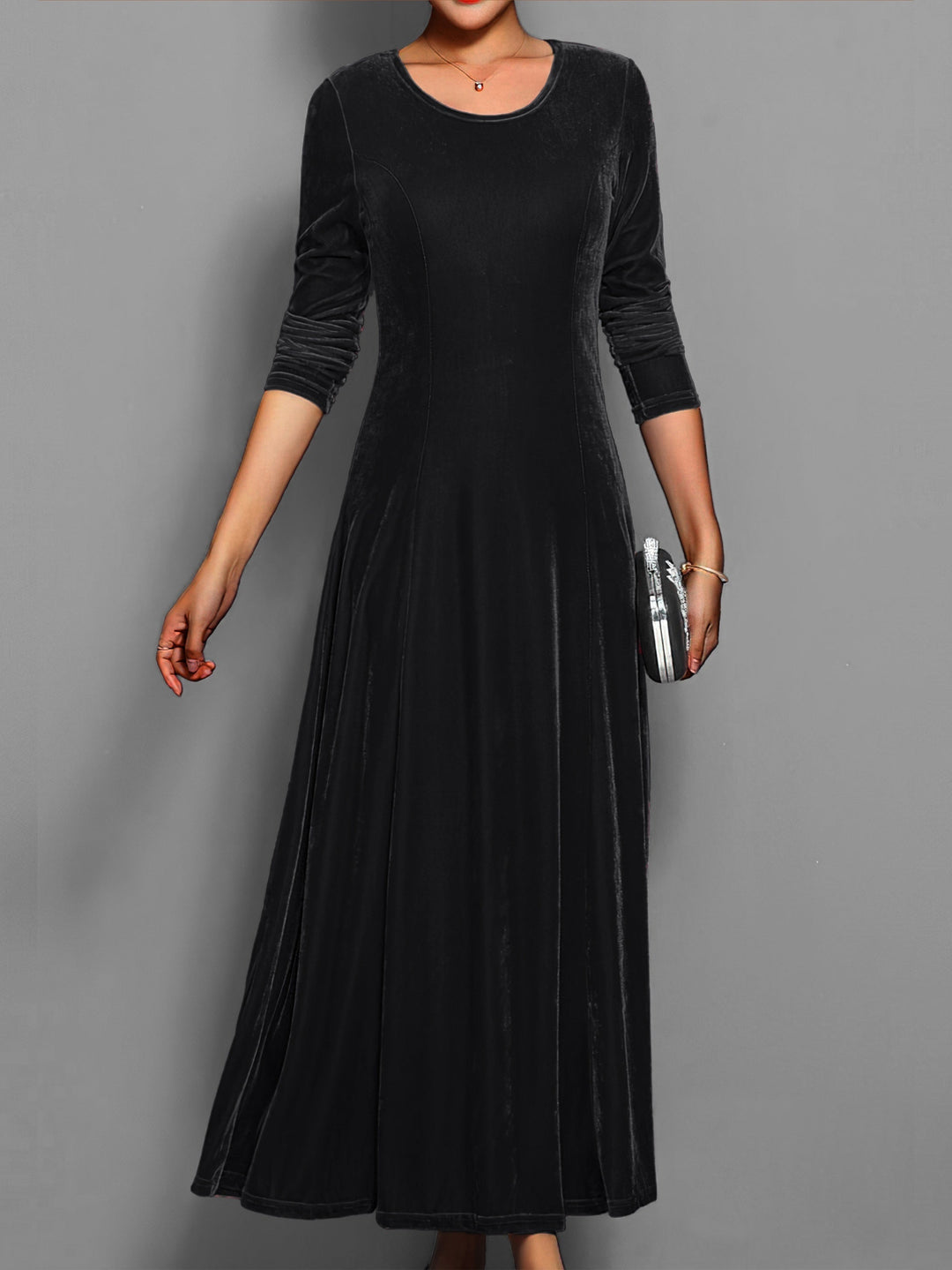 Round Neck Maxi Dress with Long Sleeves and A-Line Skirt
