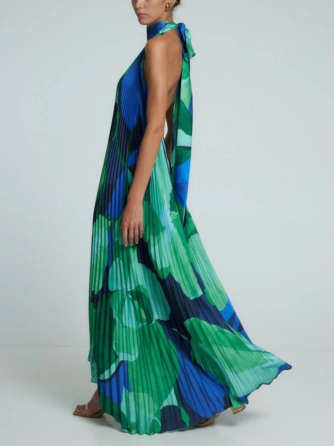 Pleated Maxi Dress with Halter Neck and Deep V-Neckline