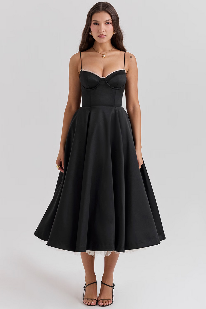Midi Dress with Spaghetti Straps, Bustier Bodice, and Full Skirt