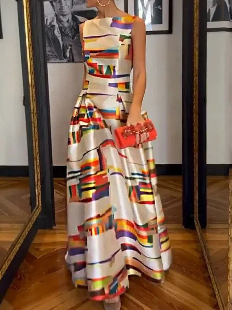 A-Line Maxi Dress with Round Neckline and Sleeveless Design