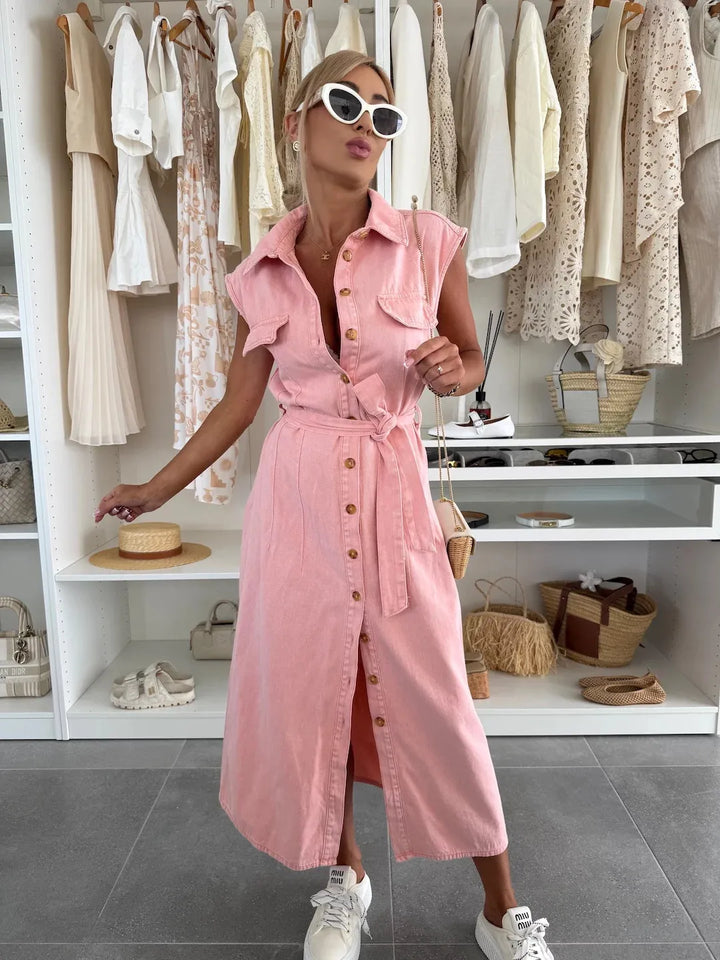 Shirt Collar Midi Dress with Full Button Closure and Tie Waist