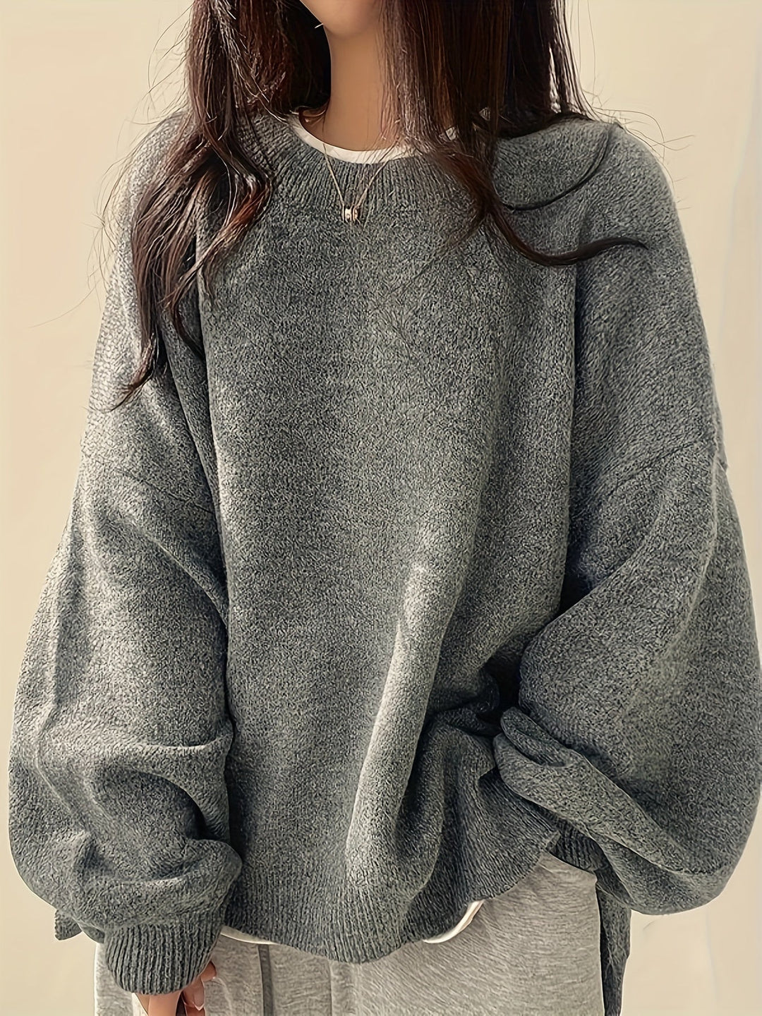 Oversized Knit Sweater with Round Neckline and Ribbed Finishes
