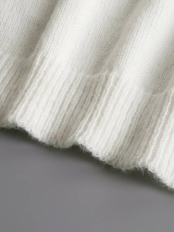 V-Neck Knitted Top with Ruffle Trim and Faux Pearl Buttons