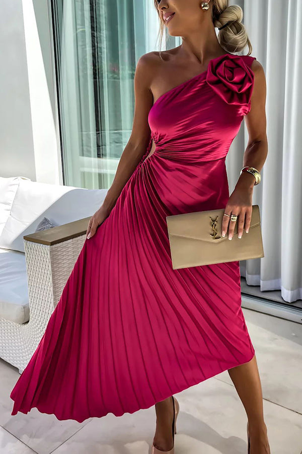 One-Shoulder Pleated Dress with Side Cut-Out and Floral Appliqué