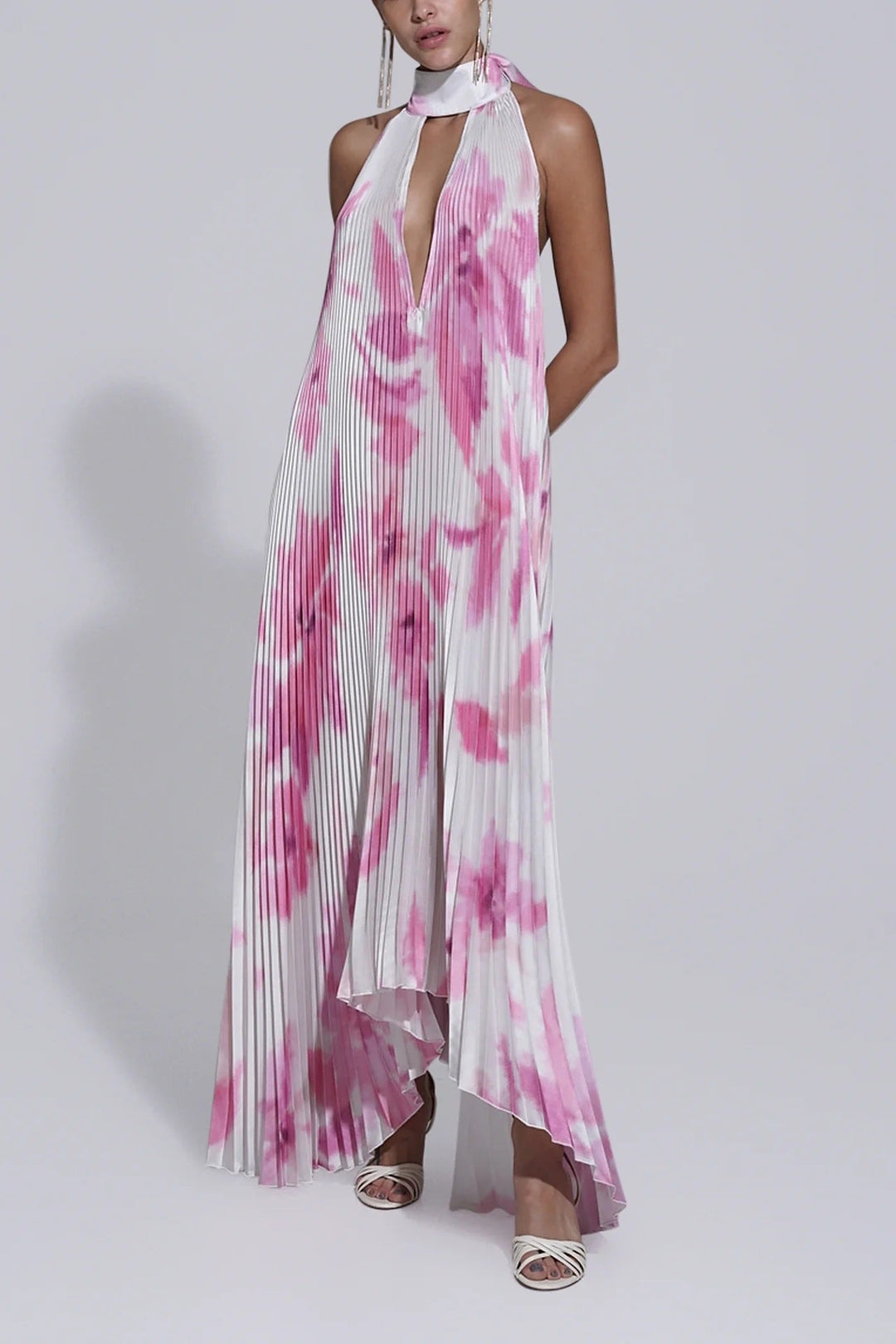 Pleated Maxi Dress with Halter Neck and Deep V-Neckline