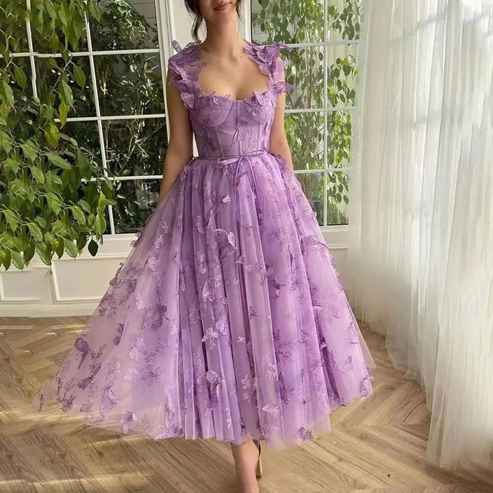 Floral Embroidered Maxi Dress with Ruffled Shoulder Straps and Front Slit