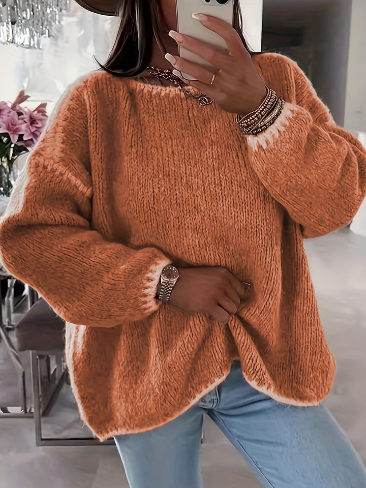 Round Neck Oversized Sweater with Contrast Stitching and Balloon Sleeves