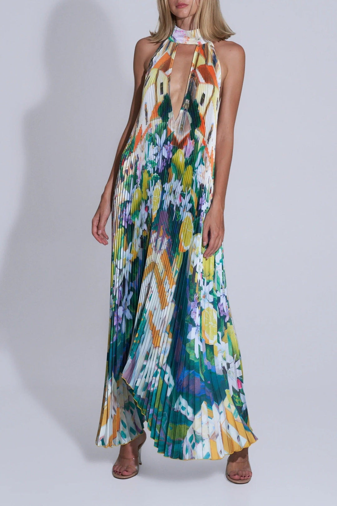 Pleated Maxi Dress with Halter Neck and Deep V-Neckline