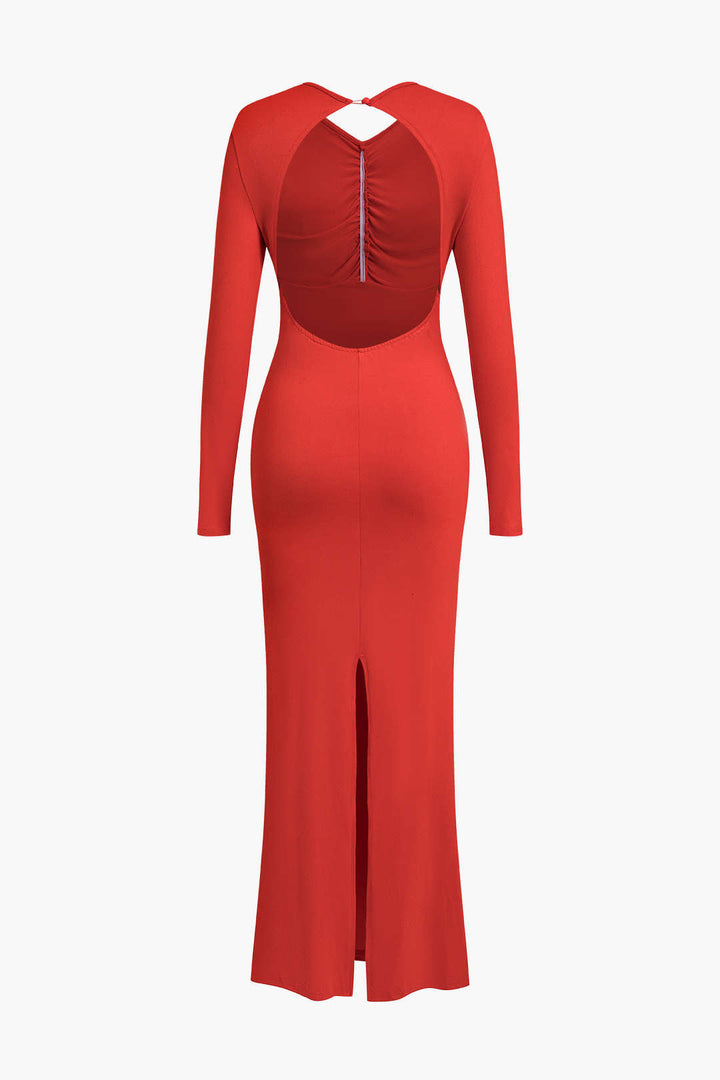Round Neck Long Sleeve Open Back Maxi Dress