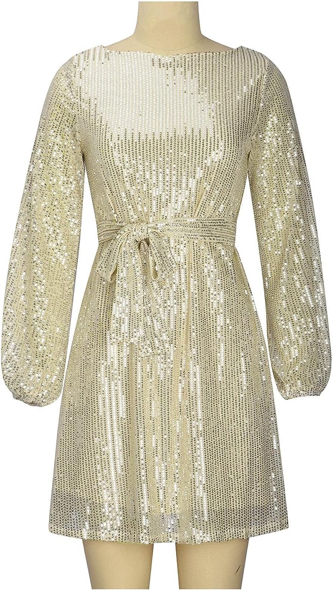 Boat Neckline Sequin Mini Dress with Three-Quarter Sleeves and Tie Waist