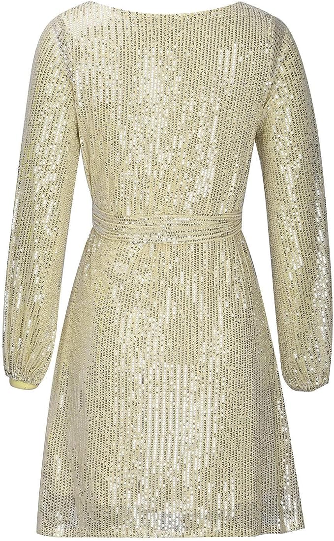 Boat Neckline Sequin Mini Dress with Three-Quarter Sleeves and Tie Waist