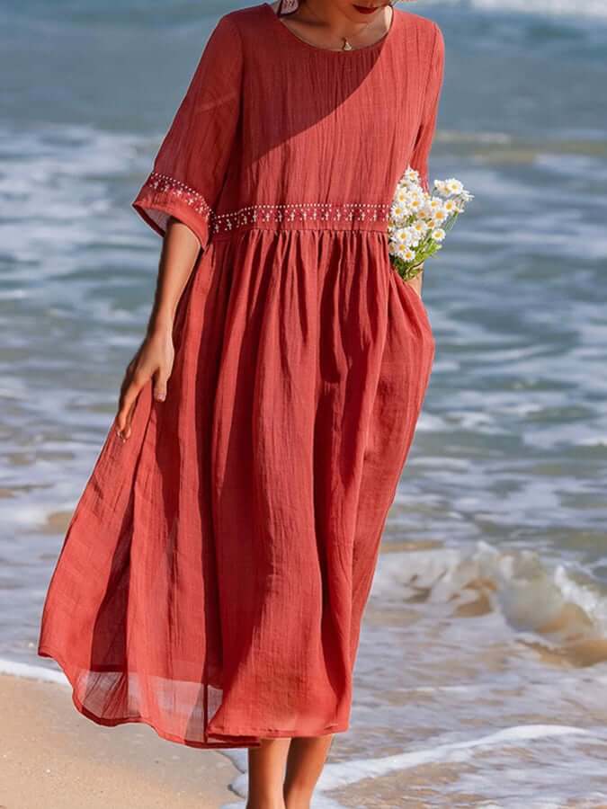 Cotton linen boho dress and Embroidered Waist