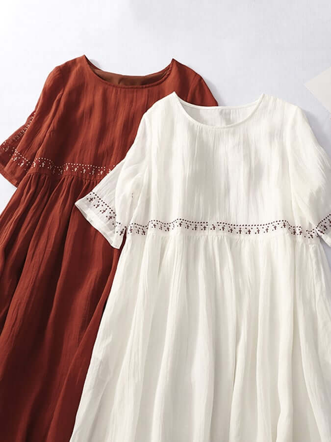 Cotton linen boho dress and Embroidered Waist
