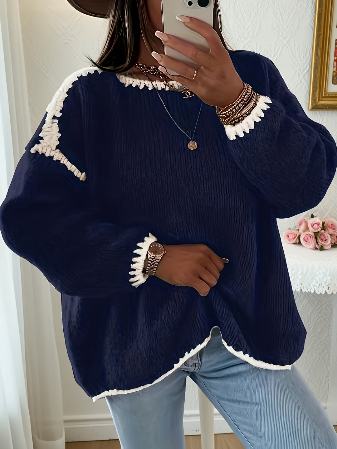 Round Neck Oversized Sweater with Contrast Stitching and Balloon Sleeves