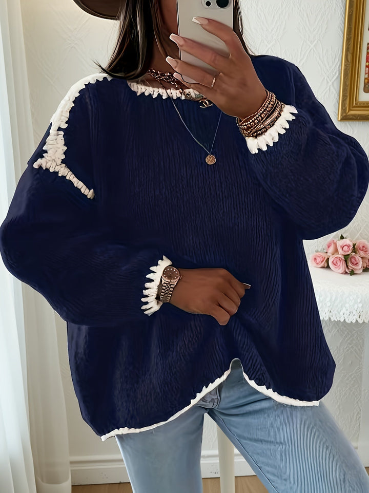 Round Neck Oversized Sweater with Contrast Stitching and Balloon Sleeves