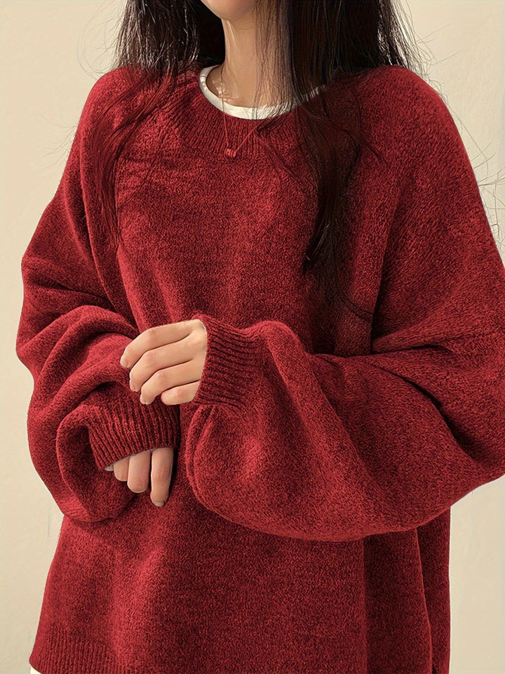 Oversized Knit Sweater with Round Neckline and Ribbed Finishes