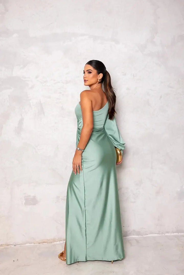 One-Shoulder Maxi Dress with Draped Sleeve and Front Slit