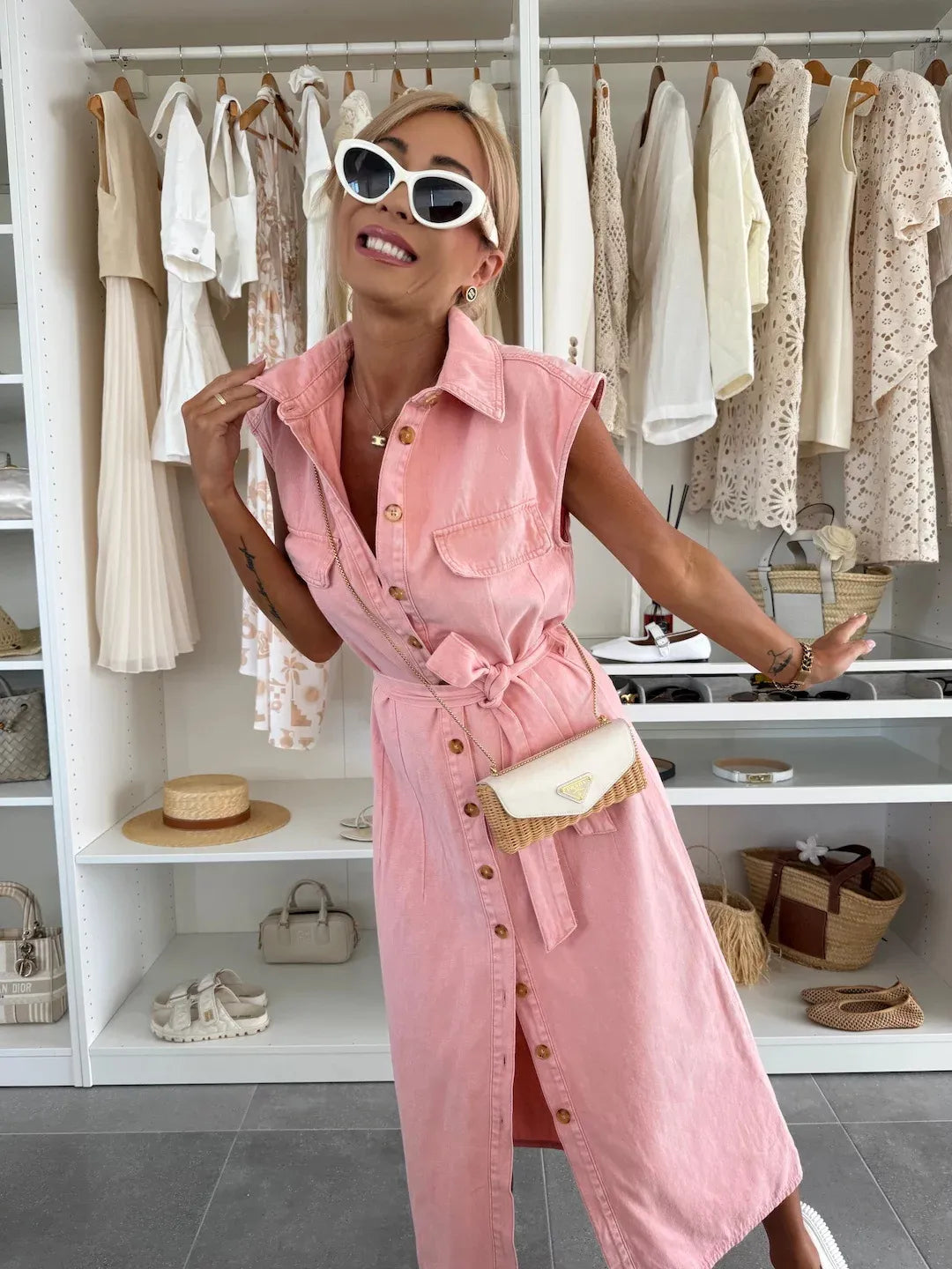 Shirt Collar Midi Dress with Full Button Closure and Tie Waist