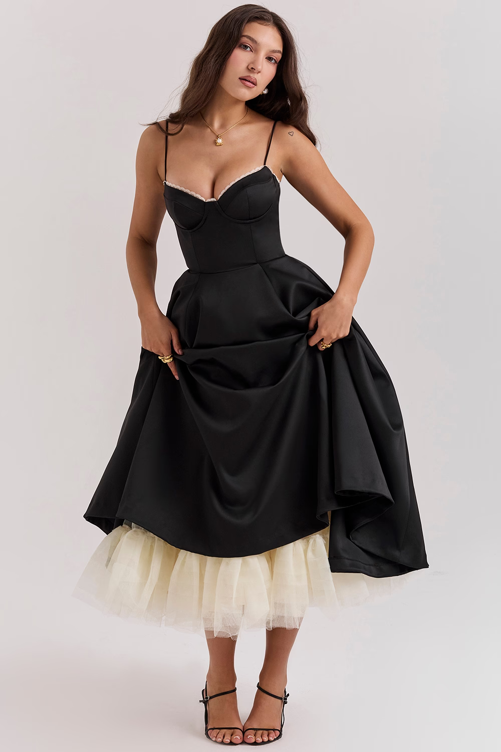 Midi Dress with Spaghetti Straps, Bustier Bodice, and Full Skirt