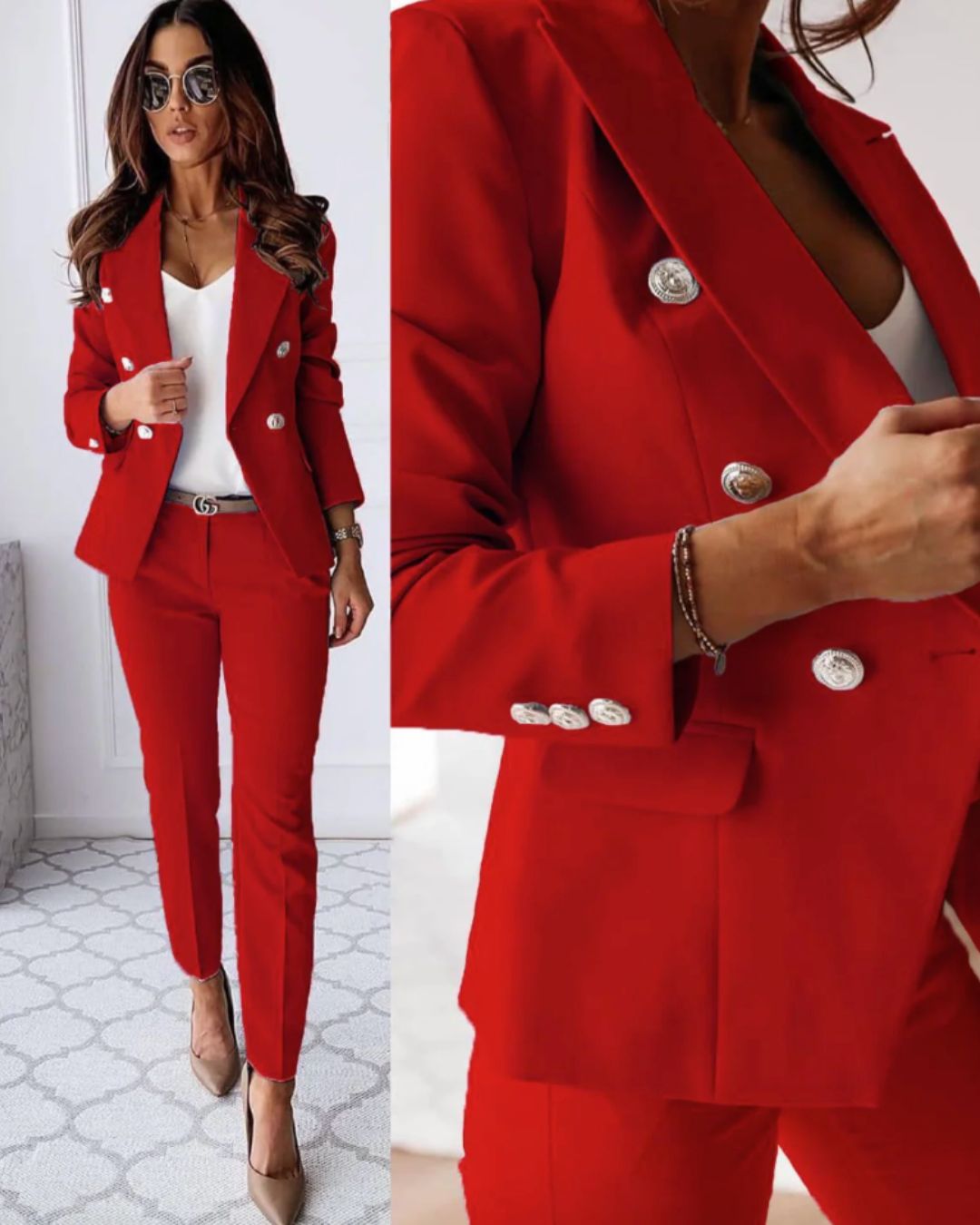 Double-Breasted Blazer with Notched Lapels, Long Sleeves and Button Closure with Straight Leg Trousers