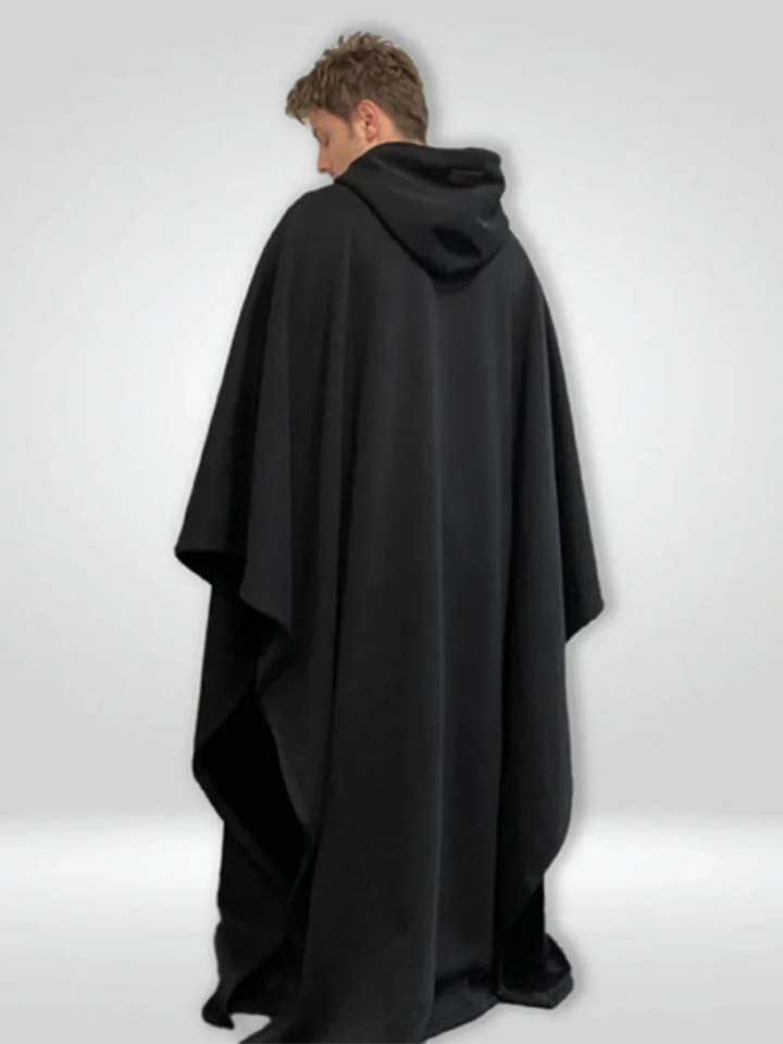 Hooded Terry-Lined Poncho with Snap Button Closure and Full Length
