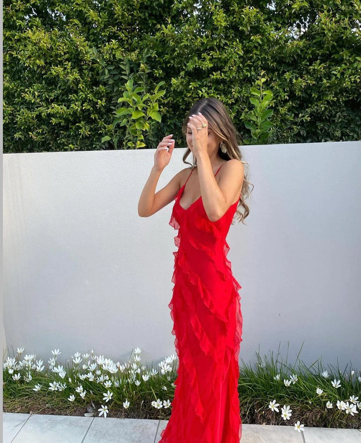 Ruffled Maxi Dress with Spaghetti Straps and Low Back Design