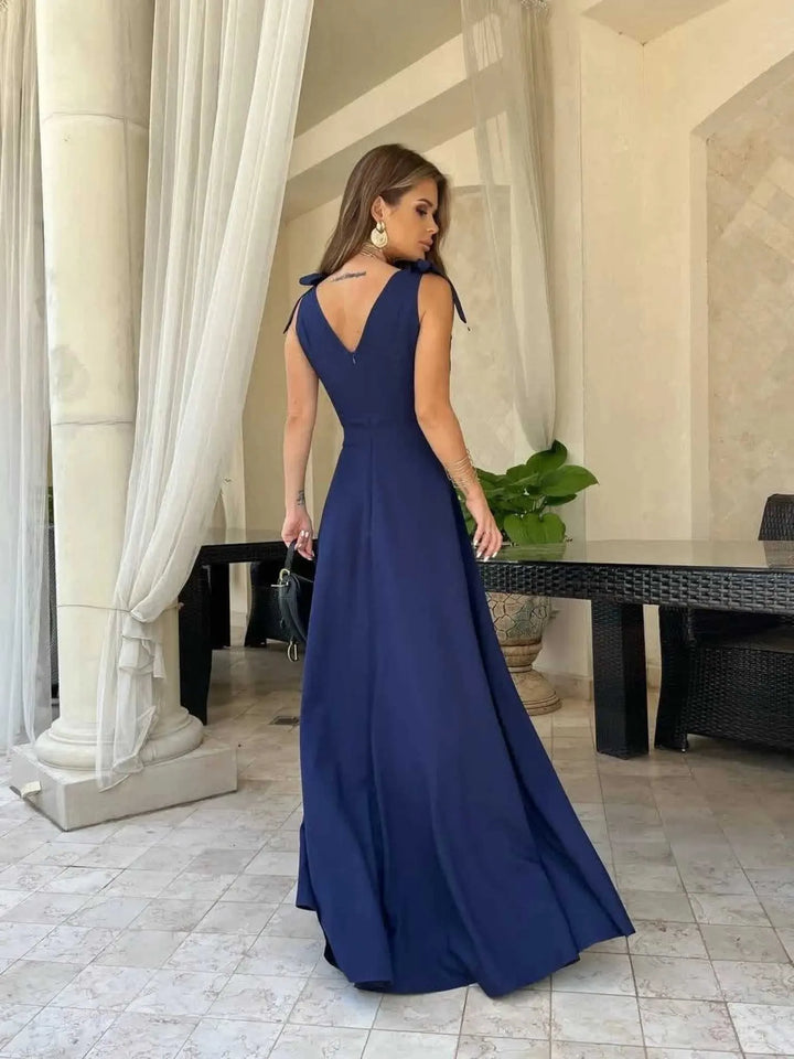 Maxi Dress with V-Neckline and Tie Shoulder Straps