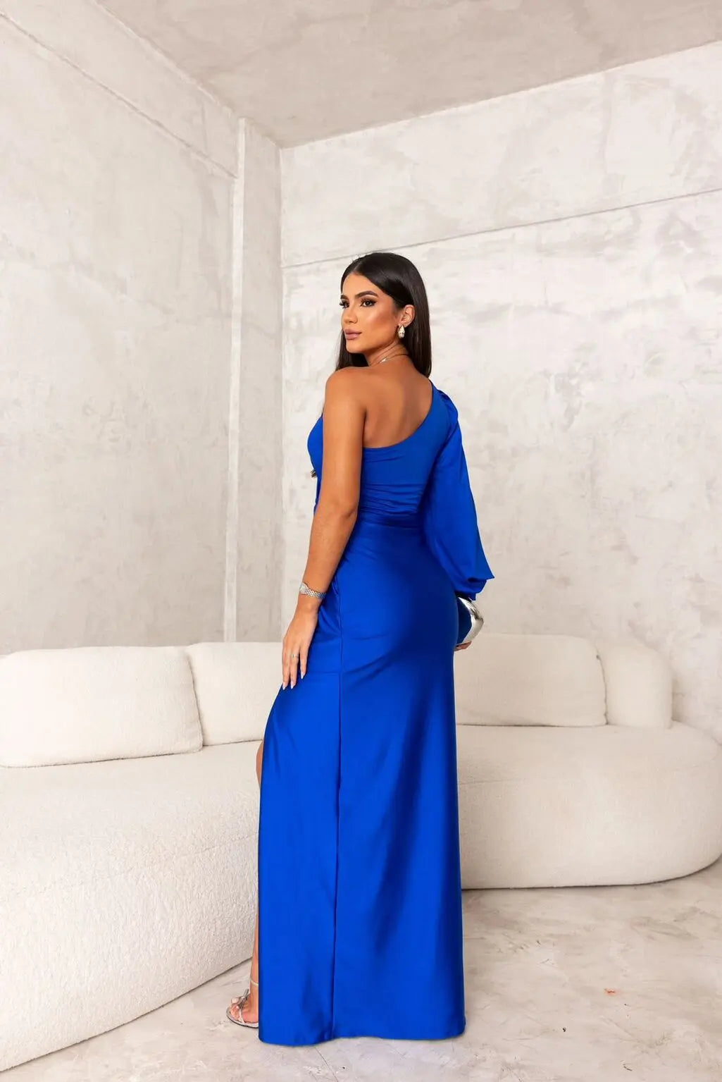 One-Shoulder Maxi Dress with Draped Sleeve and Front Slit