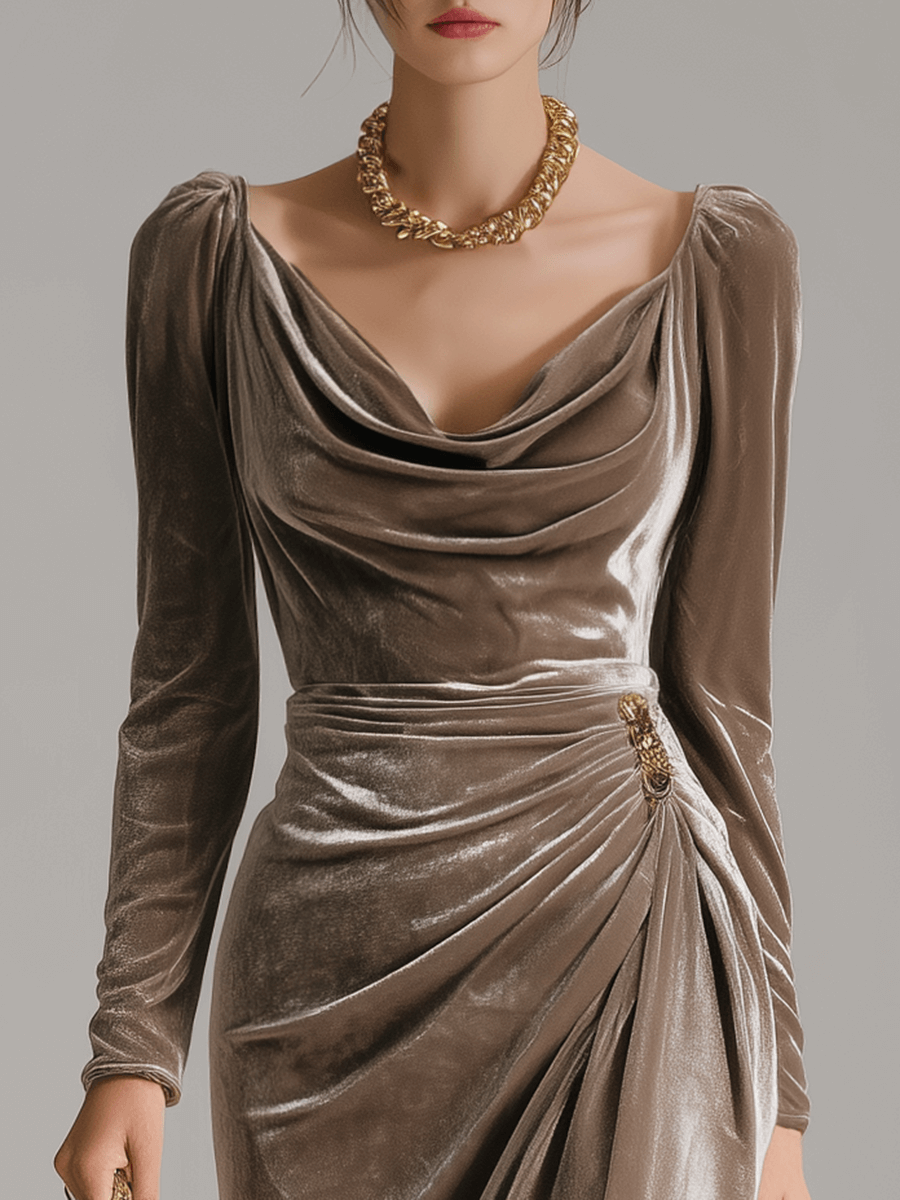 Cowl Neck Draped Dress with Long Sleeves and Asymmetric Hem