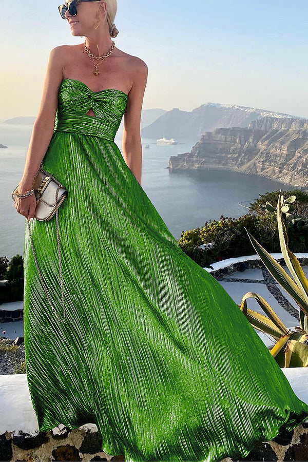Strapless Maxi Dress with Pleated Fabric and Twist Front Detail