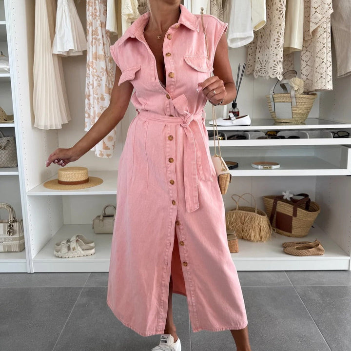 Shirt Collar Midi Dress with Full Button Closure and Tie Waist