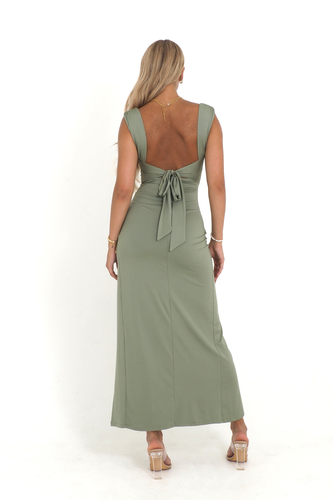 Square Neckline Ruched Maxi Dress with Tie Back and High Slit