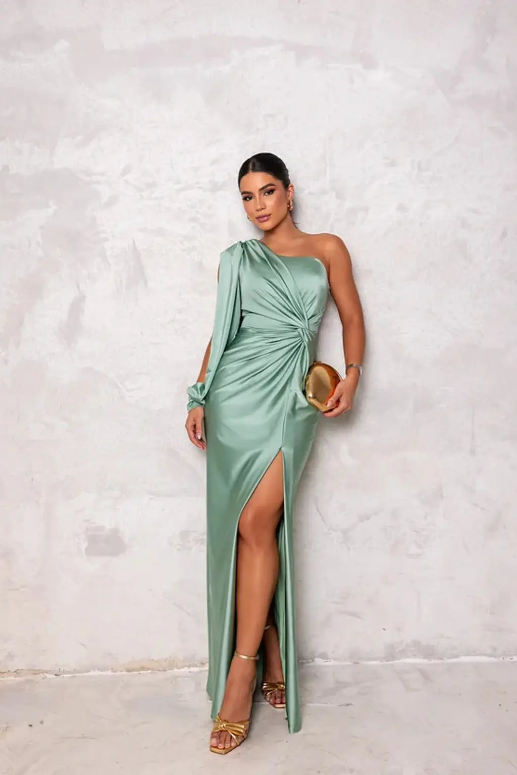 One-Shoulder Maxi Dress with Draped Sleeve and Front Slit