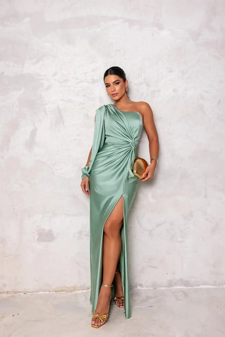 One-Shoulder Maxi Dress with Draped Sleeve and Front Slit