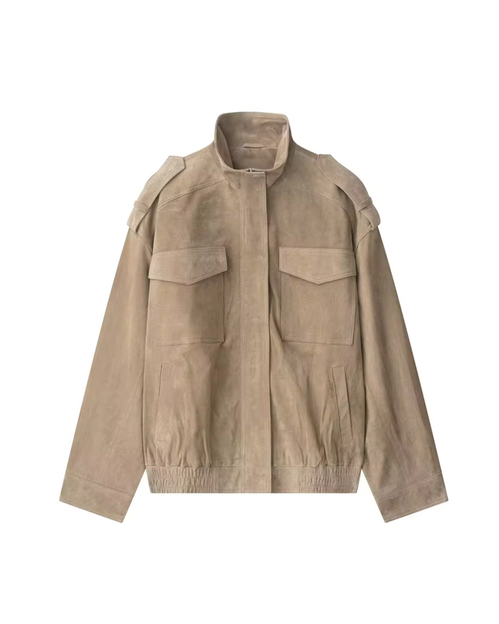 Jacket with High Collar, Front Flap Pockets, and Zip Closure