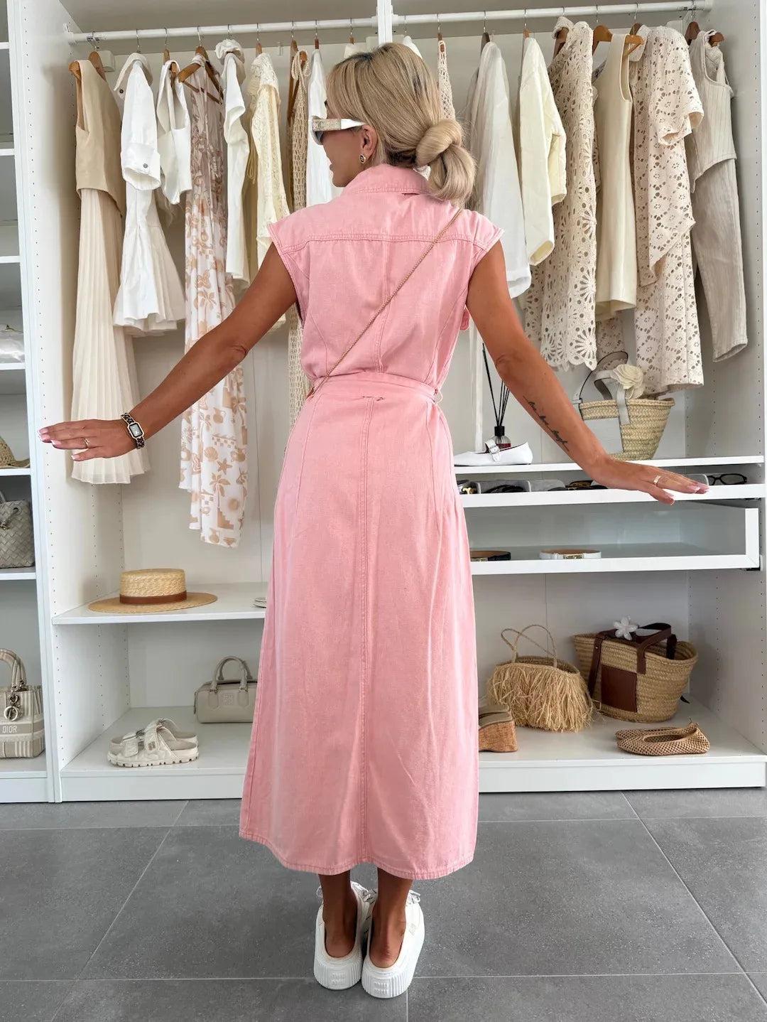 Shirt Collar Midi Dress with Full Button Closure and Tie Waist