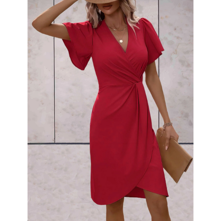 V-Neck Mini Dress with Wrap Front and Flutter Sleeves