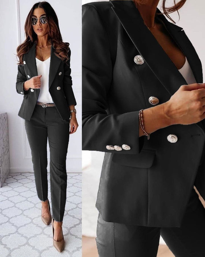 Double-Breasted Blazer with Notched Lapels, Long Sleeves and Button Closure with Straight Leg Trousers