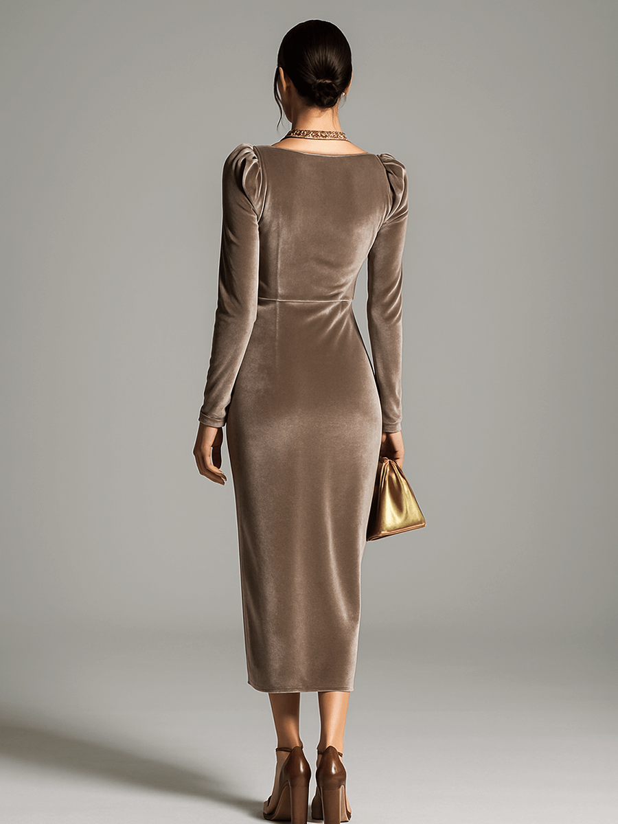 Cowl Neck Draped Dress with Long Sleeves and Asymmetric Hem