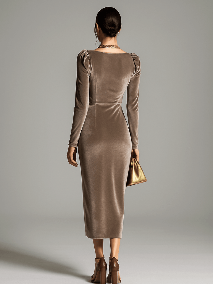 Cowl Neck Draped Dress with Long Sleeves and Asymmetric Hem