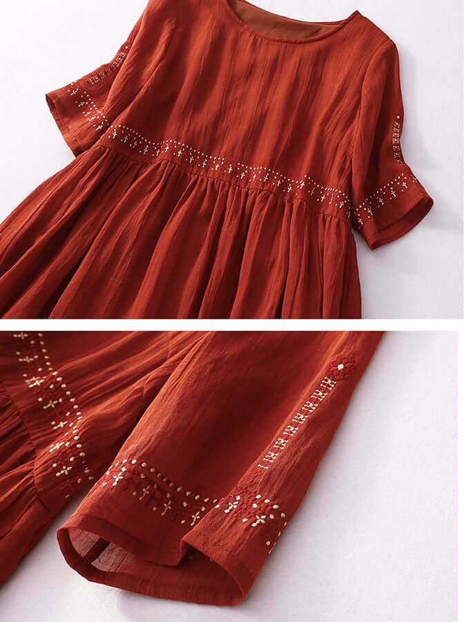 Cotton linen boho dress and Embroidered Waist