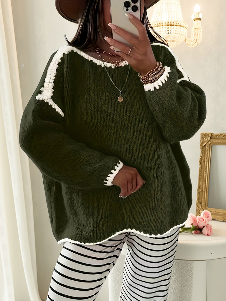 Round Neck Oversized Sweater with Contrast Stitching and Balloon Sleeves